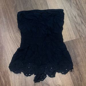 Black Strapless Romper with Lace Hem
